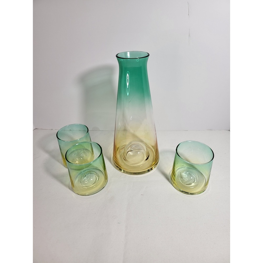 Ombre Glass Carafe and 3 Tumbler Set Teal Green Amber Yellow Hand Blown 4 Piece